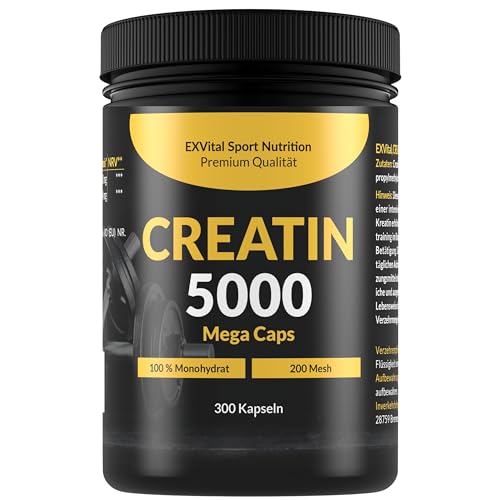 Creatin 5000 Mega Caps, 5000 mg Creatin Monohydrat pro Tagesdosis, 300 vegane Kapseln, 100% rein mit Mesh Faktor 200- Vegan & laborgeprüft