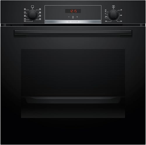 Bosch HBA514BB3, Serie 4, Einbau-Backofen 60 x 60 cm, LED-Display-Steuerung, Hydrolytische Reinigungshilfe, 3D-Heißluft für gleichmäßiges Backen auf 3 Ebenen, Schnellaufheizung, Schwarz