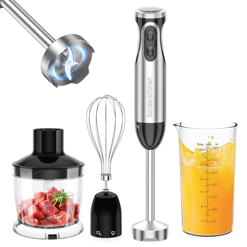 Bonsenkitchen Pürierstab, 4-en-1 Stabmixer Elektrischer, 1000W Stufenlos Geschwindigkeiten, Edelstahl, Schneebesen, 500ml Häcksler und 700ml Messbecher für Babynahrung, HB3203 (Schwarz)