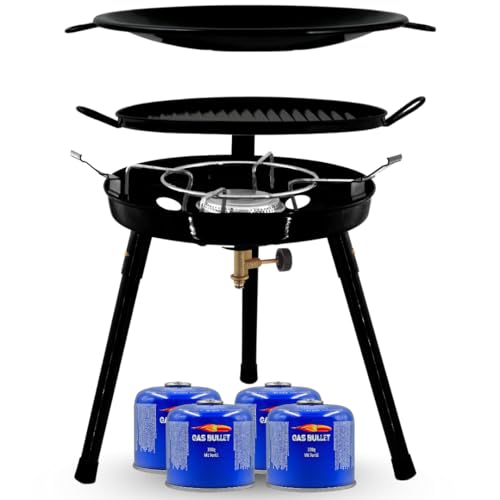 Gas Bullet ® Gasgrill mit Pfanne & Wok + 4 Kartuschen (300g) | für Schraubgaskartuschen | Auseinanderschraubbar | Campinggrill, Party-Grill für Camping, Festivals & Outdoor (Gaskocher + 4 Kartuschen)