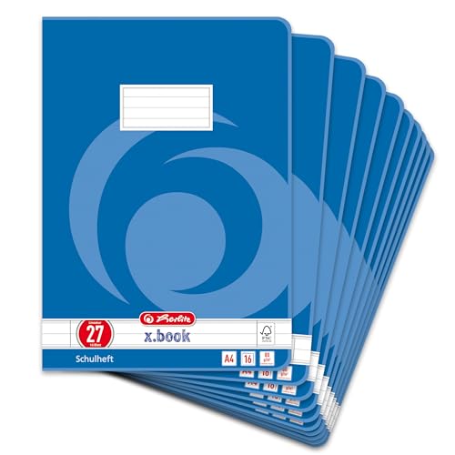 Herlitz Schulheft x.book A4, liniert, beidseitiger Rand, Lineatur 27, 16 Blatt, 10 Stück