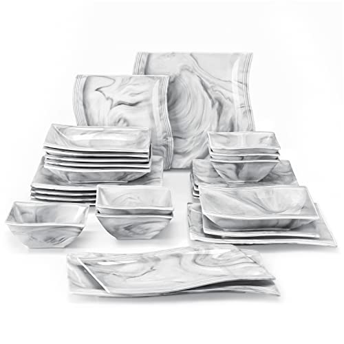 MALACASA, Serie Flora, Geschirrset 6 Personen, 26 Teilig Marmor Porzellan Geschirr Set Tafelservice Teller Set mit je 6 Speiseteller, 6 Kuchenteller, 6 Suppenteller, 6 Schüssel & 2 Servierplatte