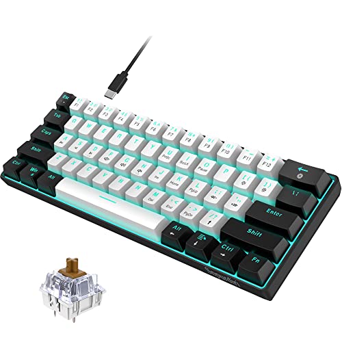 Snpurdiri 60% kabelgebundene mechanische Gaming-Tastatur, 61 Anti-Ghosting-Tasten, Blaue LED-Hintergrundbeleuchtung, ultrakompakte Zwei Ständer(Braune Schalter/Schwarz Weiß)