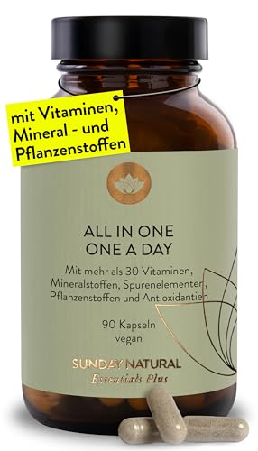 SUNDAY NATURAL® Multivitamin Komplex - All in One – Premium Rundum-Versorgung mit nur 1 Kapsel: 30 A-Z Vitamine, Mikronährstoffe – 90 vegane Vitamin Kapseln - Laborgeprüft und Ohne unnötige Zusätze