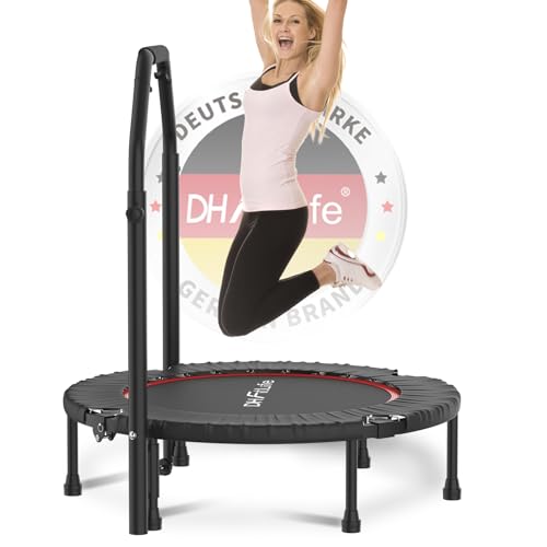 DH FitLife Fitness Indoor Trampolin klappbar ohne Installation | Ø102cm 40 Zoll Mini Trampoline | Tragfähigkeit 150 KG | 4 verstellbare Handgriffstufen | Stabiler und leiser