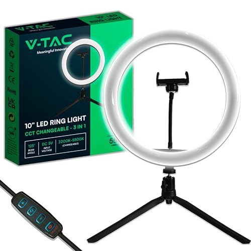 V-TAC Ringlicht mit Stativ Handy für Selfies, Videos, Fotos, TikTok – LED-Ringlampe für Smartphones mit 3 Beleuchtungsmodi – Tish Ring Light - mit Fernbedienung - Für Instagram, YouTube, Streaming