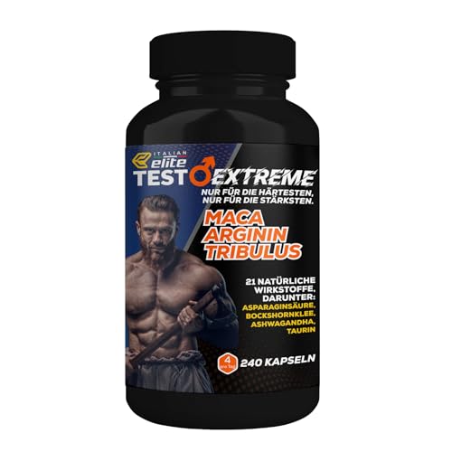 Italian Elite Testo Extreme – 240 Kapseln mit Maca 8000 mg. Natürliches Nahrungsergänzungsmittel für Männer mit Tribulus, Bockshornklee, Zink, Arginin, Ashwagandha, Vitaminen und Mineralstoffen.