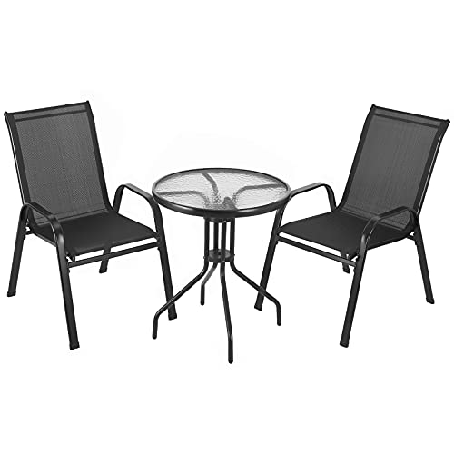 Clevich 3PCS Balkonmöbel Set, 2PCS Stapelbare Hochlehner Gartenstühle aus Textilene & Tisch Rund mit Sicherheitsglas, Wetterfest Gartenmöbel Set, Bistroset Kleiner für Balkon Terrasse Pool Schwarz