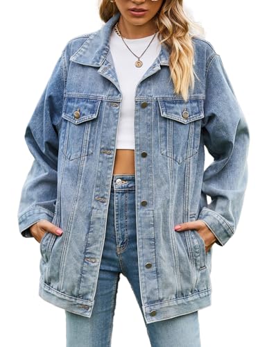 Vanchenl Damen Casual Denim Jacke Oversized Button Up Turn Down Kragen Lose Langarm Mid Long Mantel Hellblau,M