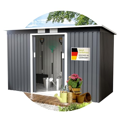 Athelon Geräteschuppen | Gartenhaus mit Doppelschiebetüren | Metall-Gerätehaus, Gartenschuppen 277×130×173 cm | Gerätehaus, Fahrradgarage aus verzinktem Stahl | Geräteschuppen Metall (XL)