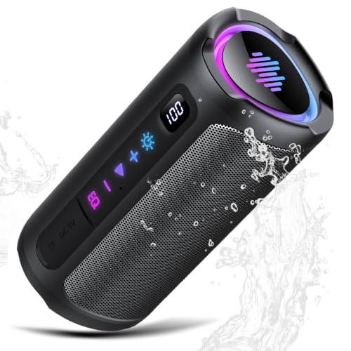 aowoka Bluetooth Lautsprecher mit Licht, 20W tragbare Musikbox, verbesserter Bass, LED-Anzeige, 20 Std. Akku, Bluetooth 5.4, IPX7 wasserdicht, TWS, TF-Karte, Lautsprecher für Reisen, Sport, Party