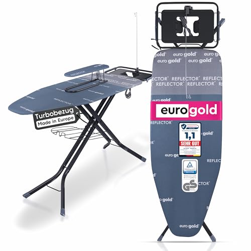 EUROGOLD Bügelbrett für Dampfbügelstation 130x48 cm – Bügelbrett XXL mit Steckdose, höhenverstellbarer Bügeltisch klappbar, mit Ärmelbrett & Bügeleisenablage, Reflektor-Bezug (Sydney Grey)