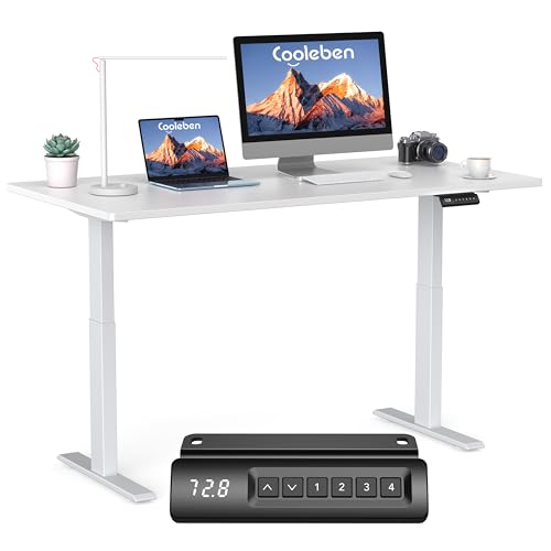 Cooleben Höhenverstellbarer Doppelmotor Schreibtisch 25MM Einteilige Tischplatte, Intelligente Steuerung mit 4 Speicher1 35kg Tragfähigkeit, Leise <45dB (Weiß + Weiß, 160cmX80cm)