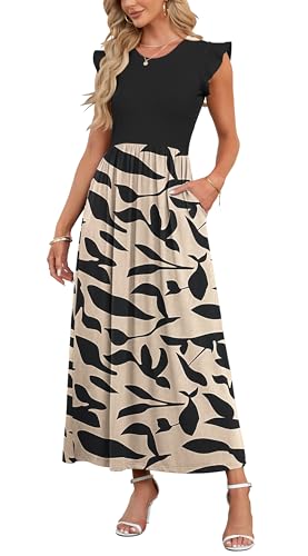 AUSELILY Damen Sommer Kurzarm Rundhalsausschnitt Lockeres Maxikleid Lässiges Hohe Taille Langes Kleid mit Taschen(Aprikosenschwarz Blätter,M)