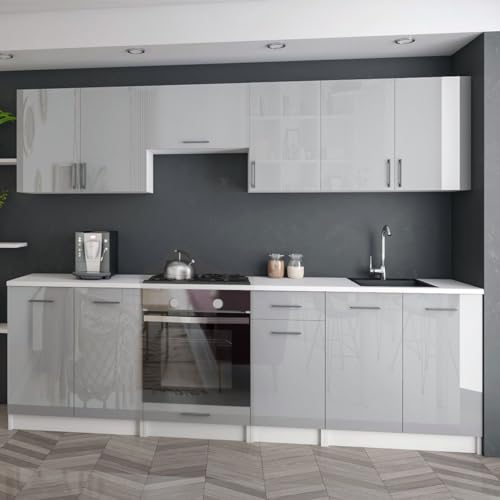 roe furniture Moderne Küchenzeile ohne Elektrogeräte in Grau Hochglanz - Einbauküche mit viel Stauraum - Erweiterbares 2,4-m-Set inkl. Arbeitsplatten in Weiß - 240 x 82 x 46 cm (B/H/T)