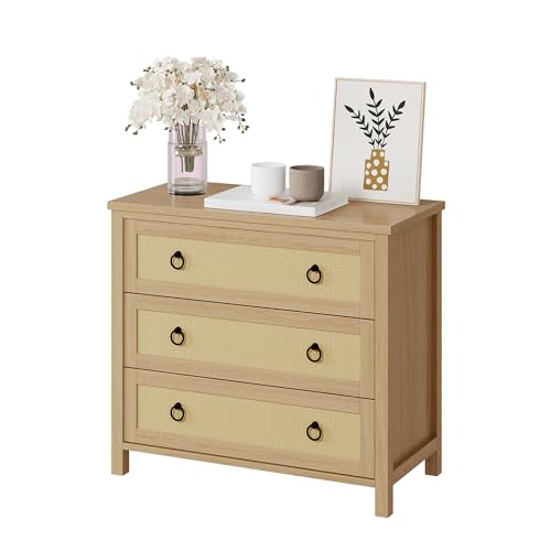 Thaookte Natürliche Rattan-Kommode Mit 3 Schubladen, Schlafzimmer Aufbewahrungs-Organisationskommode Mit Stabilen Griffen Und Füßen Für Schlafzimmer, Wohnzimmer, Flur Und Eingangsbereich, Natur