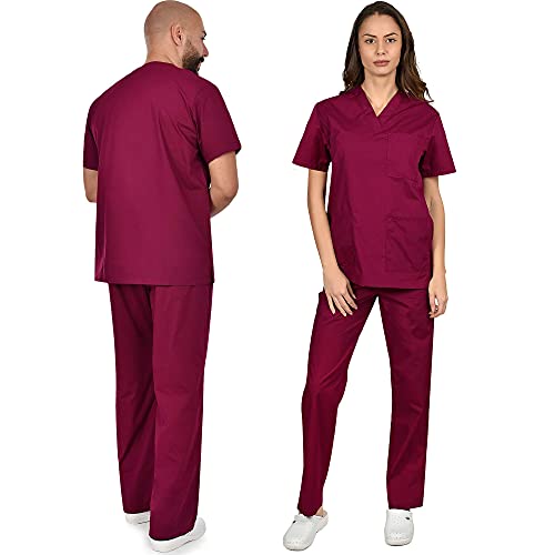 B-well Colombo Unisex-Schrubb-Set Schlupfkasack + Schlupfhose Set Medizin Arzt Uniform Schlupfjacke Oberteil mit Hose Medizinische Berufsbekleidung (L, Weinrot)