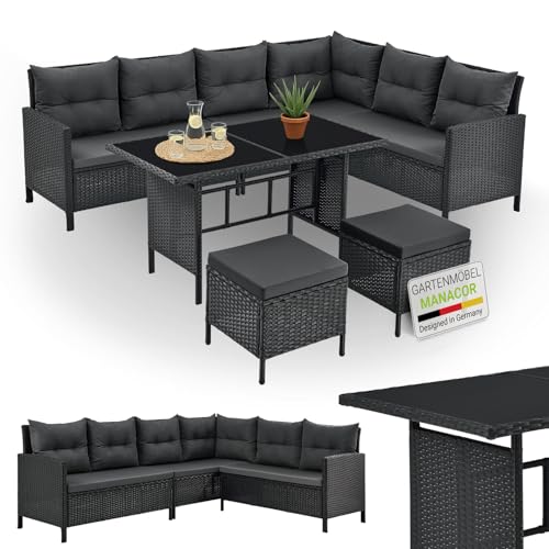 Juskys Polyrattan Lounge Manacor mit Ecksofa, Esstisch, 2 Hocker & Kissen - wetterfest bis 7 Personen - Bezüge waschbar - Rattan Garten Sitzgruppe Gartenlounge Gartenmöbel Set - Schwarz/Grau