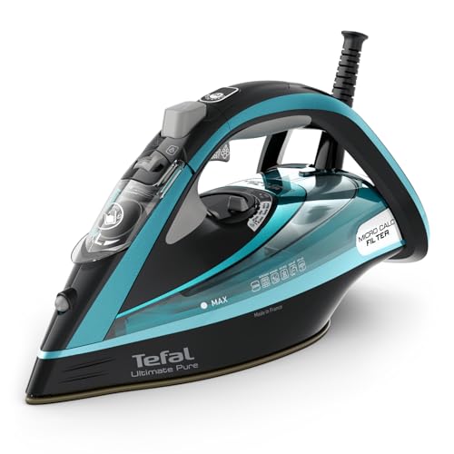 Tefal Dampfbügeleisen Ultimate Pure, 3200 W, 1,2 kg, Micro-Calc-Filter, Durilium Airglide Autoclean-Bügelsohle, automatische Abschaltung, 0,35 Liter Wassertank, Made in France, schwarz/türkis, FV9844