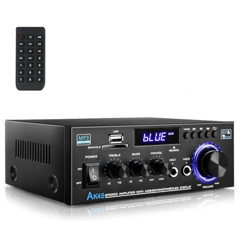 Romicta HiFi-Verstärker, Mini Bluetooth Stereo Audio Verstärker Receiver 12V/ 220V 600W 2 Kanäle Endverstärker Soundverstärker w/UKW-Radio, SD/USB-Karteneingang, für Zuhause oder Auto