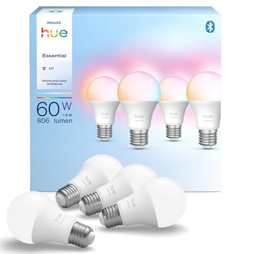 Philips Hue Essential Smart LED A60 Lampe, Weiß und Farbig, E27 Fassung, 8W, 2200K-6500K, 806 Lumen, dimmbar, funktioniert mit Alexa, Google Assistant, und Apple Home, 4er Pack