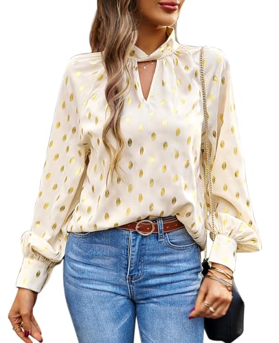 BAISHENGGT Mobius's Sternenhimmel Blusen Tuniken Damen Elegant Chiffon Stehkragen Puffärmel Gold Hot Stamping Dating Party Bluse Oberteile Aprikose XL