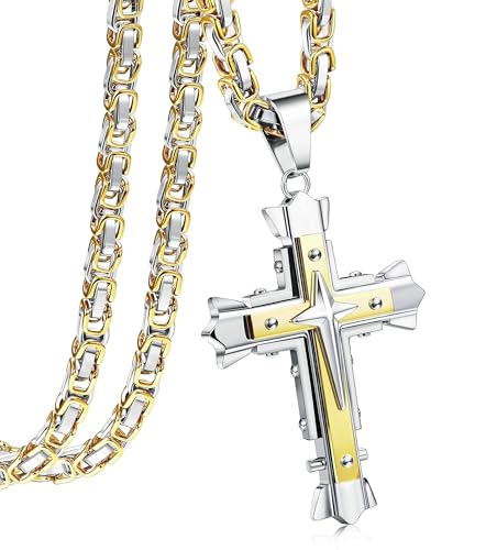 CASSIECA Kreuz Kette Herren Edelstahl Byzantinische Ketten Kreuz Anhänger für Jungs Halskette für Herren Jesus Kette mit Königskette Gold 61cm