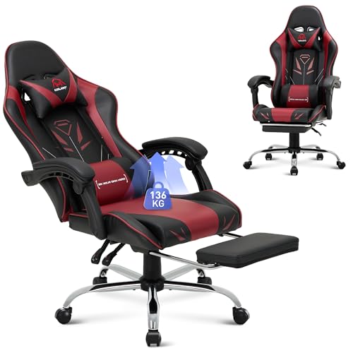 COLAMY Gaming Stuhl, Computer Stuhl mit Fußstütze und Lendenwirbelstütze, höhenverstellbarer Gaming Chair mit 360°-Drehsitz und Kopfstütze, Video Gamer PC Stuhl, Ergonomische hohe Rückenlehne, Rot