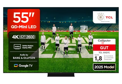 TCL 55Q7C QLED Mini LED Fernseher, 55 Zoll, 4K HDR Premium, Dolby Vision IQ & Atmos, Smart TV mit Google TV, 6.2.2 Sound, 144Hz VRR, AMD FreeSync Premium Pro, HDMI 2.1, AirPlay 2, Alexa