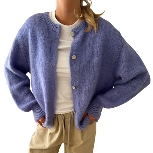 Geagodelia Damen Strickjacke Dünn Langarm Strick Cropped Cardigan Pullover Elegante Strickpullover Strickweste Y2k Sweater Knitted Top Pulli Herbst Frühling (B - Lila, S)