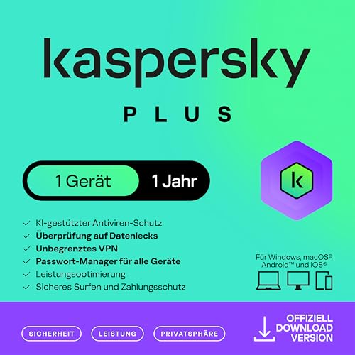 Kaspersky Plus Internet Security 2026 | 1 Gerät | 1 Jahr | Anti-Phishing und Firewall | Unbegrenzter VPN | Passwort-Manager | Online-Banking Schutz | PC/Mac/Mobile | Aktivierungscode per Email