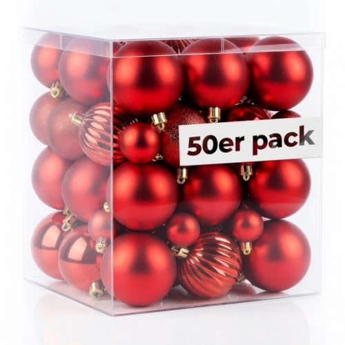 4smile Weihnachtskugeln 50er Rot mit 4 Designs glänzend matt glitzernd Kürbiskugeln 3 4 6cm edle Christbaumkugeln hochwertige Weihnachtsdeko für Festtage