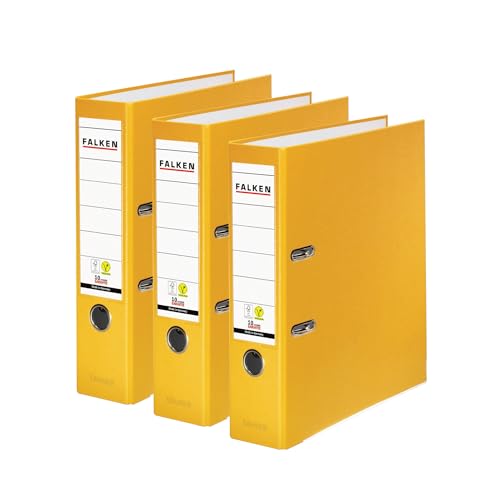 Original Falken 3er Pack PP-Color Ordner. Made in Germany. 8 cm breit DIN A4 Gelb Vegan Kunststoff-Ordner Ringordner Aktenordner Briefordner Büroordner Plastikordner Schlitzordner