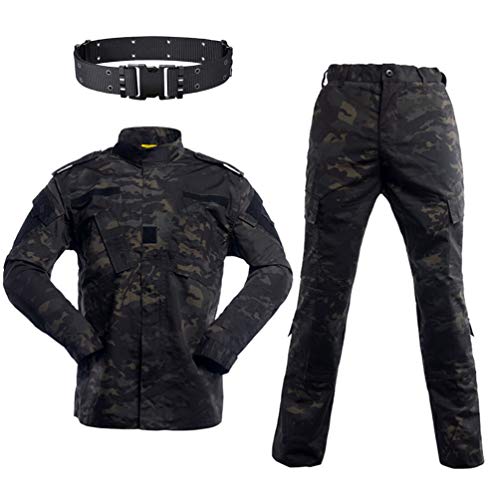 Paintball Airsoft Tactical Suits Männer Jagdkampf Uniform Jacke Camo Shirt & Pants mit Gürtel zum Schießen Jagdkriegsspiel (Camo Schwarz, L)