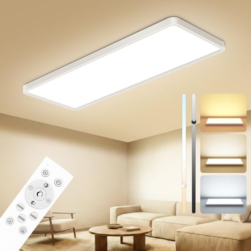 Pesaur LED Deckenleuchte Flach 58x20cm 3500LM, Deckenlampe Dimmbar mit Fernbedienung 3000K-6500K, IP44 Küche Deckenleuchte Rechteckig LED Panel für Wohnzimmer Schlafzimmer Badezimmer Büro