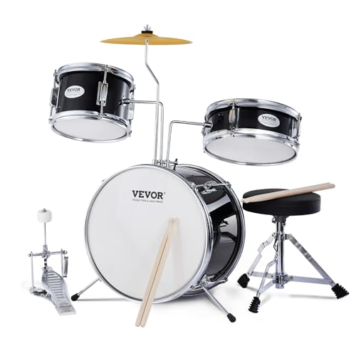 VEVOR Schlagzeugset, 3-teilig, Drum-Set mit verstellbarem Thron-Becken-Pedal, Zwei Paar Drumsticks, ca. 20 cm Tom Drum, ca. 25 cm Snare Drum, ca. 36 cm Bass Drum, Schlagzeugset für Kinder, schwarz
