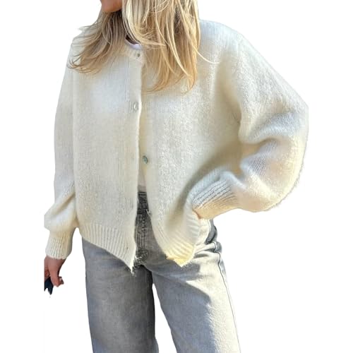 Geagodelia Damen Strickjacke Elegante Langarm Strick Cropped Cardigan Pullover Strickpullover Strickweste Y2k Sweater Knitted Top Herbst Frühling (A - Weiß, S)