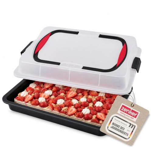 Zenker Blechkuchen-Container to go, Backblech mit Transport-Abdeckung für unterwegs, Backform antihaft mit Deckel und Softgriffen (Kuchenform: ca.425x295x75 mm), Menge: 1 Stück