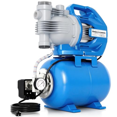 FOTING Hauswasserwerk 1300 W, Fördermenge 6500 l/h, Förderhöhe bis 55 m, max. 5,3 bar Druck mit Grob-Vorfilter & Manometer, 24 L Kessel, mit Sicherheitsschalter, Saughöhe bis 8 m für Haus & Garten