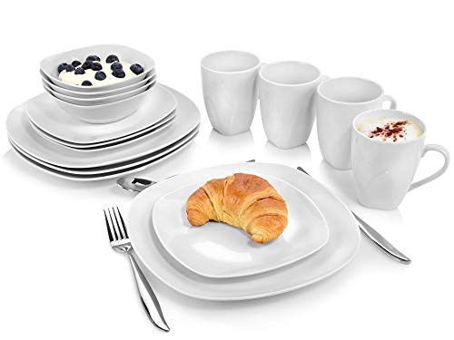 SÄNGER | Kombiservice Bilgola in weiß, 16-teiliges Geschirrset aus Porzellan für 4 Personen, Teller, Tassen, Schalen, Eckiges Design | PREMIUM COLLECTION