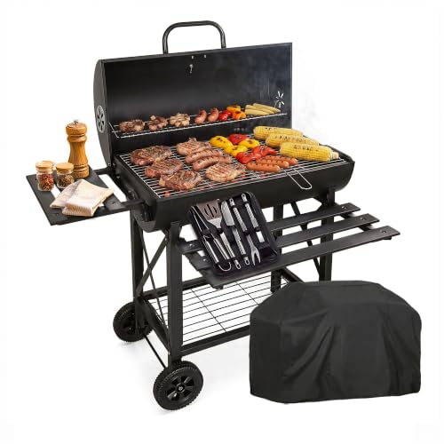 RMF Holzkohlegrill mit XL-Grillrost und integriertem Thermometer - Inklusive Zubehör-Kit und Abdeckung, robuster Stahlwagen mit Rädern, klappbare Seitenablagen, Ascheauffangschale