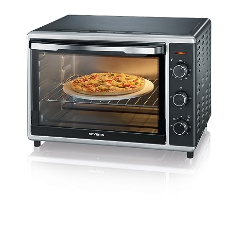 SEVERIN Back- und Toastofen mit Umluftfunktion, Mini Backofen mit Grillrost, Backblech, Drehspieß und Pizzastein, vielseitiger Heißluftofen mit 42 L Kapazität, 1.800 W, schwarz, TO 2058