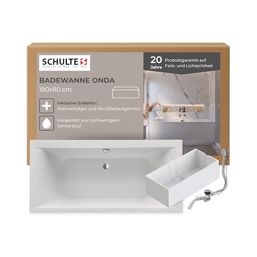 Schulte Badewanne Onda 180x80 cm, Komplett inkl. Wannenträger und Ablauf, aus hochwertigem Acryl in Weiß glänzend