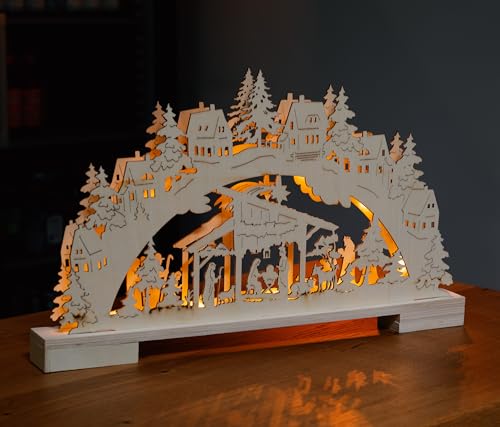 LED Lichterbogen - Schwibbogen aus echtem Holz/mit 10 Led beleuchtet/warm-weiß/mit Timerfunktion/kabellos (Krippe)