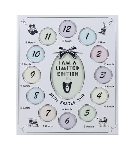 KM FOTO Silberner Babybilderrahmen Mein Erstes Jahr 12 Monatsfotos Galerie Rahmen 29x24 cm Babyfoto