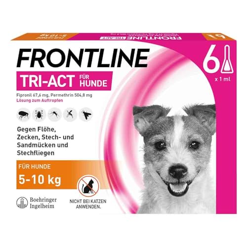 FRONTLINE TRI-ACT Hund S gegen Zecken, Flöhe & Mücken (kleine Hunde 5 bis 10 kg) - 6X Pipetten für bis zu 6 Monate Schutz - wasserfest - perfekt auf Reisen