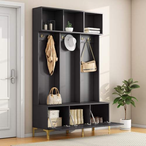 FAUETI Garderobenset mit Bank, multifunktionale Aufbewahrungsbank, offene Aufbewahrung,6 goldene Haken und Füße, geeignet für Flur, Wohnzimmer, schwarz,B120/D40/H191.5CM