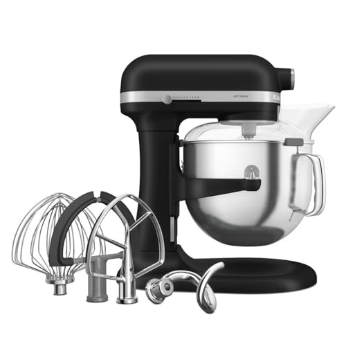 KitchenAid Küchenmaschine - Artisan - Multifunktionaler Küchenroboter mit Schüsselheber - Mit 5 Zubehörteilen - 6,6L Edelstahlschüssel - Matt schwarz