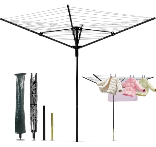 ybaymy Wäschespinne Wäscheständer 4-armig Wäscheschirm, Schwenkbarer Wäschespinne Draußen mit Schutzhülle, 50M Wäscheleine inkl. Bodenhülse Kleiderbügel für saubere Wäsche Aluminiumarmen