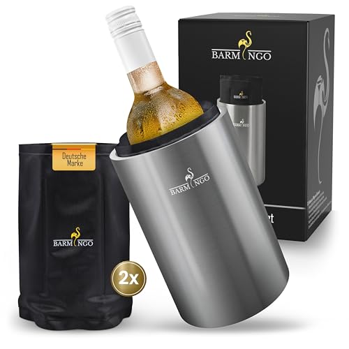 BARMINGO Weinkühler Edelstahl mit 2 Kühlakkus – Getränkekühler & Flaschenkühler für Wein, Sekt, Champagner | Sektkühler doppelwandig mit Kühlmanschetten | Wine Cooler Set | Silber